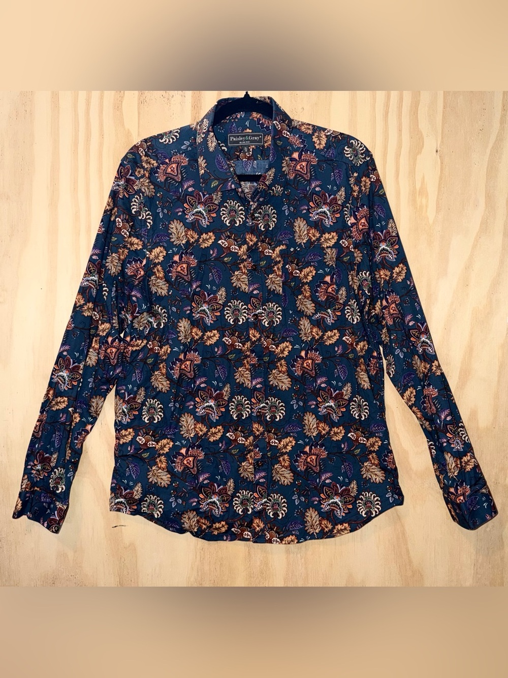 XL Paisley & Gray Mens Button Down Shirt Blue Floral Slim Fit Long Sleeve EUC